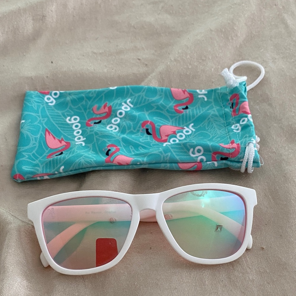 Goodr Polarized White Sunglasses with Flamingo Case NEVER WORN